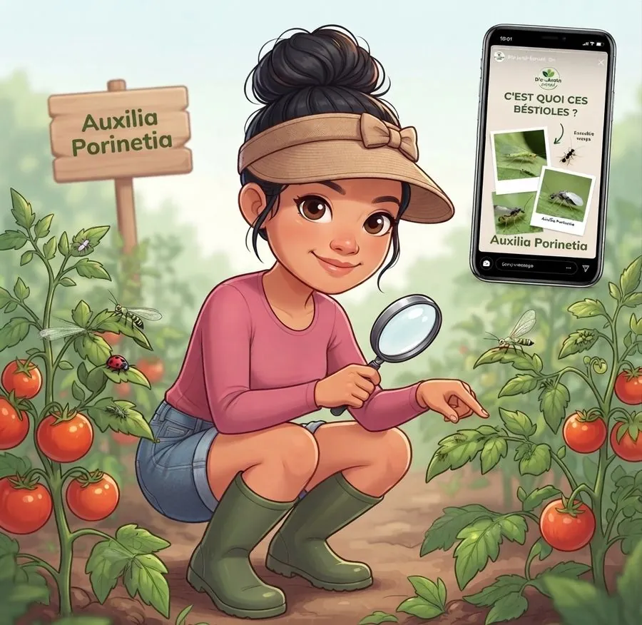 Une jardinière accroupie observe à la loupe les insectes de ses plants de tomates